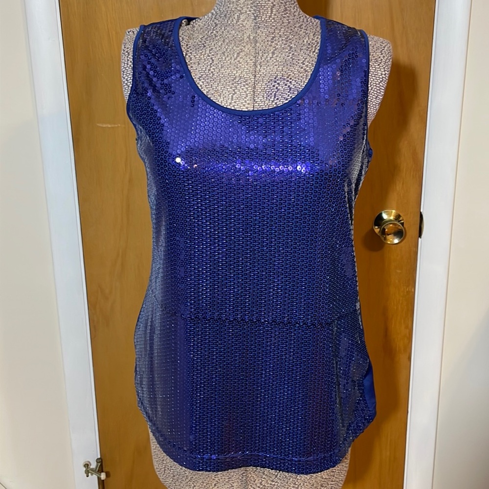 Notations NWT Womens Large Navy Blue Sequin Sleeveless Blouse Solid Back